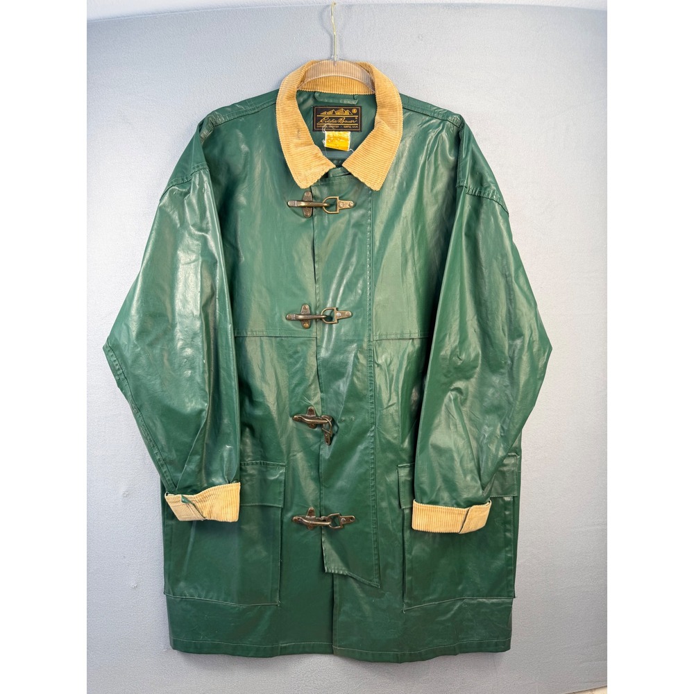 Eddie Bauer Rain Coat Mens L Green Excellent Cotton Trim